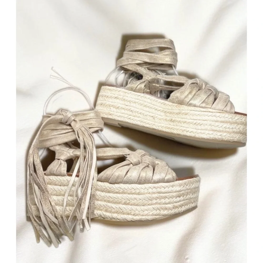Sigerson Morrison Cosie Gold Metallic Suede Platform Espadrille Sandals 7 NWOB